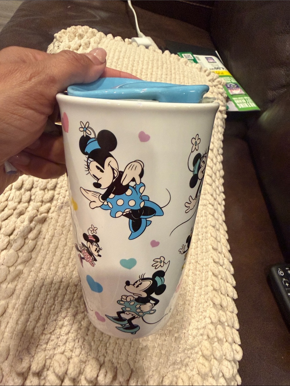 Cute coffee Disney Minnie Mouse Ceramic Travel Mug with Blue Lid